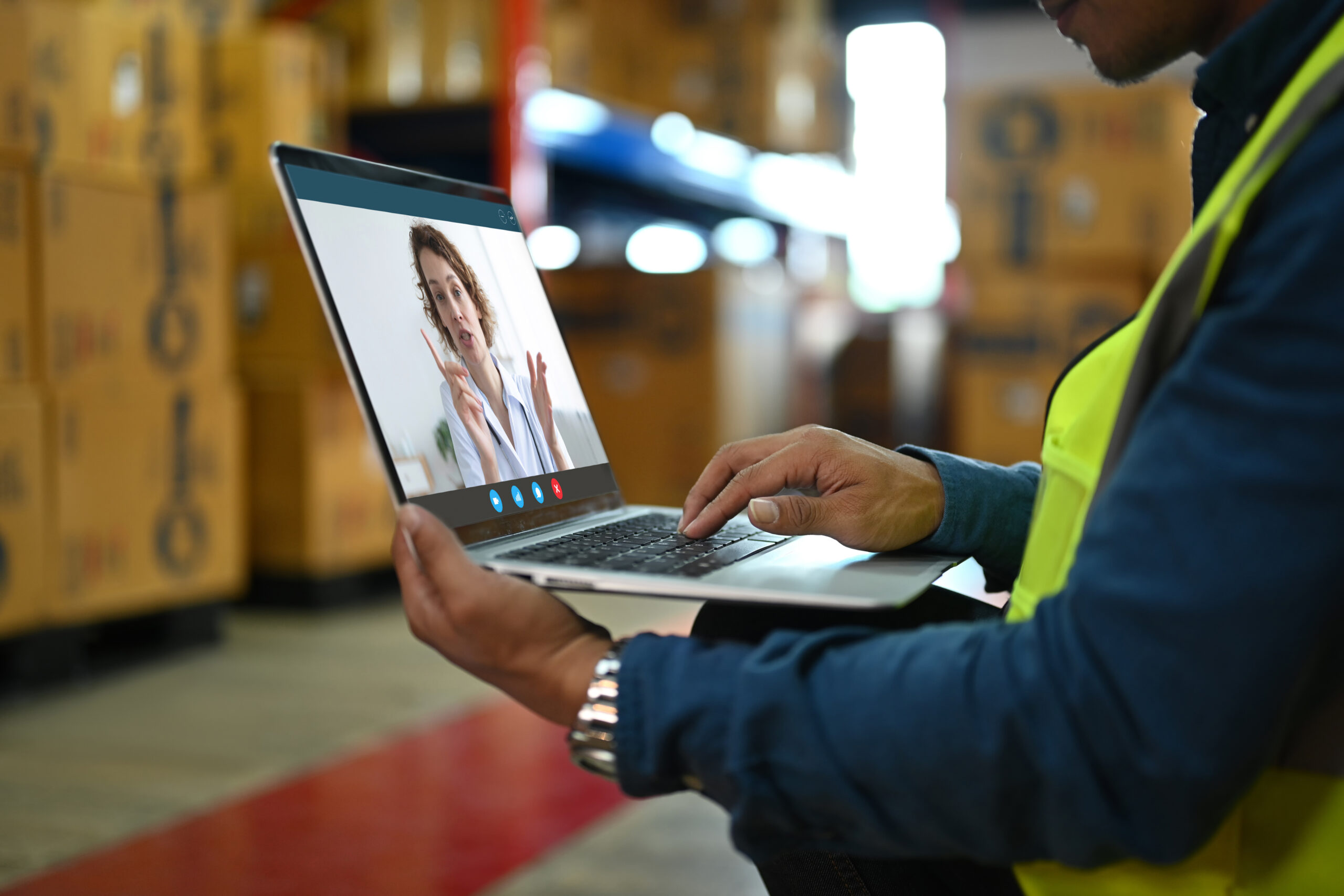 A warehouse worker using a laptop to consult with a telehealth provider